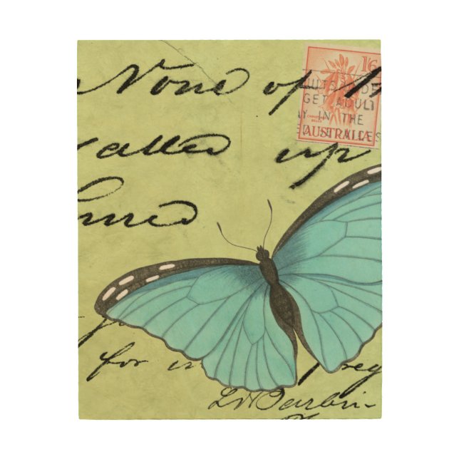 Blue-Winged Butterfly on Teal Postcard Wood Wall Art (Front)