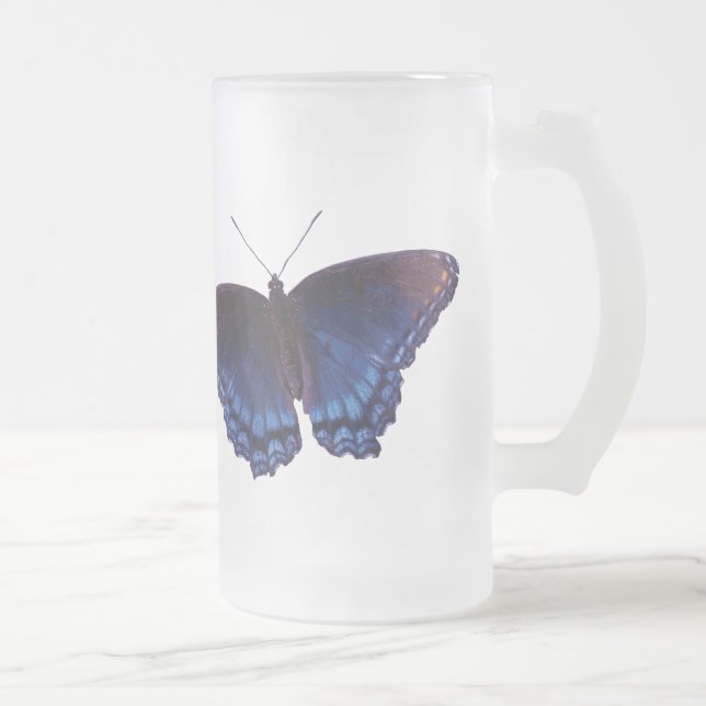 Blue winged Butterfly with wings open Frosted Glass Beer Mug (Right)