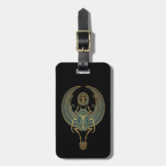 Blue Winged Egyptian Scarab Beetle with Ankh Black Luggage Tag