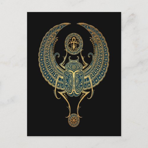 Blue Winged Egyptian Scarab Beetle with Ankh Black Postcard