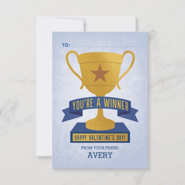 Blue Winner's Trophy Classroom Valentine Card (Front)
