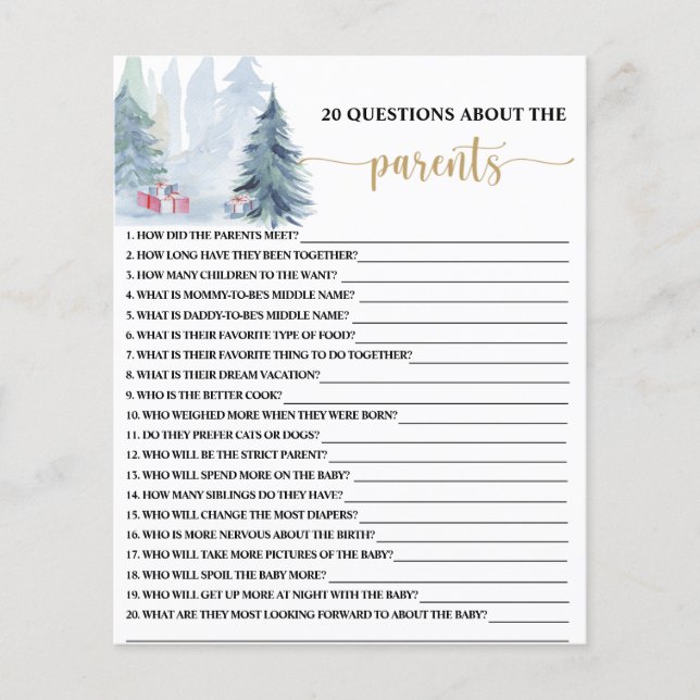 Blue winter 20 Questions about the Parents game (Front)