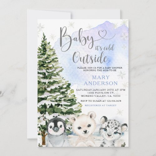Blue Winter Arctic Animals Pine Tree Baby Shower Invitation