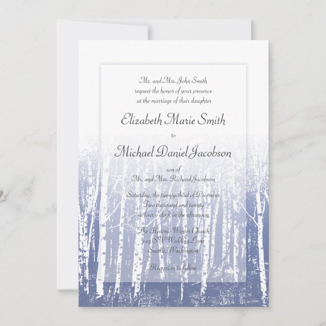 Blue Winter Aspen Birch Trees Wedding Invitation (Front)
