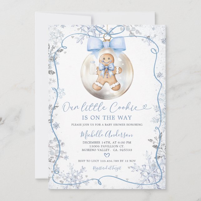 Blue Winter Baubles Hand Drawn Cookie Baby Shower Invitation (Front)