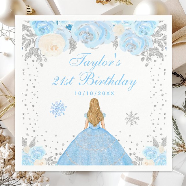 Blue Winter Blonde Hair Princess Birthday Party Napkins (Creator Uploaded)