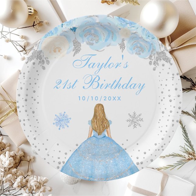 Blue Winter Blonde Hair Princess Birthday Party Paper Plates (Creator Uploaded)