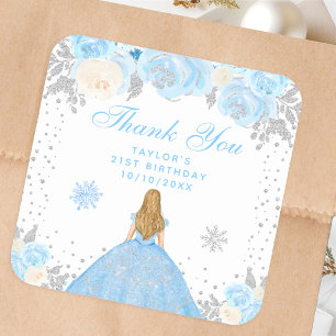 Blue Winter Blonde Hair Princess Birthday Party Square Sticker