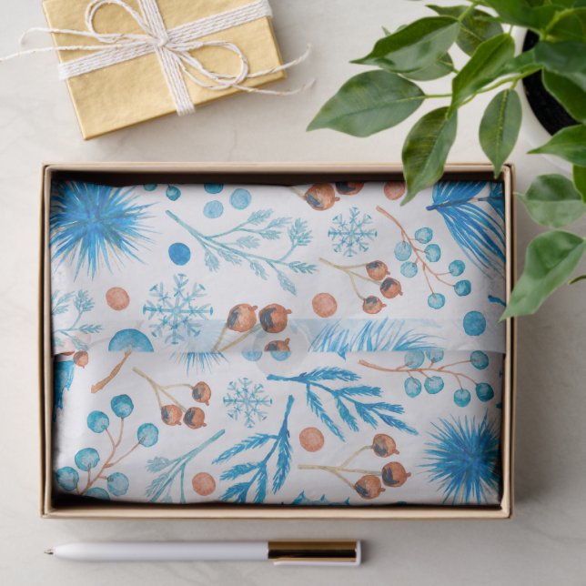 Blue Winter Botanical Pattern in Watercolor Tissue Paper (Gift)