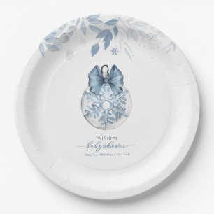 Blue Winter Bow Snowflake Ornament Baby Shower  Paper Plates