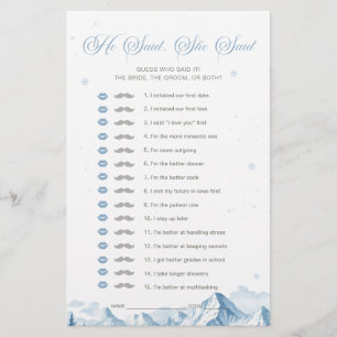 Blue Winter Bridal Shower He Said She Said Game