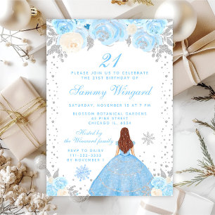 Blue Winter Brown Hair Princess Birthday Party Invitation