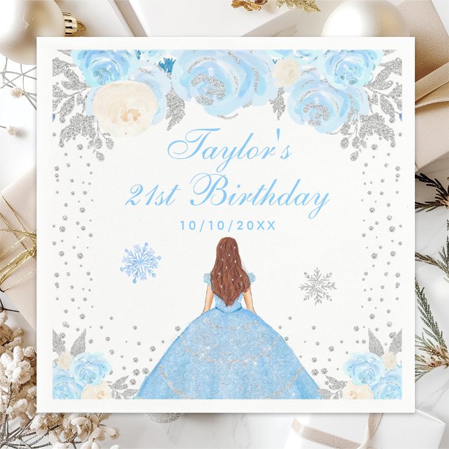 Blue Winter Brown Hair Princess Birthday Party Napkins (Creator Uploaded)