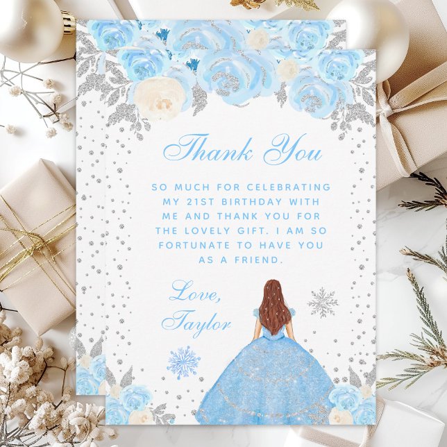 Blue Winter Brown Hair Princess Birthday Party Thank You Card (Creator Uploaded)