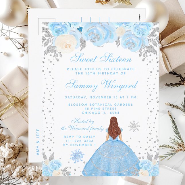 Blue Winter Brown Hair Princess Sweet Sixteen Postcard (Creator Uploaded)