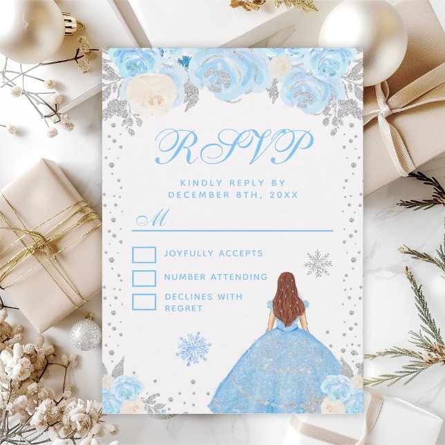 Blue Winter Brown Hair Princess Sweet Sixteen RSVP Card (Creator Uploaded)