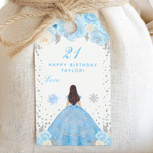 Blue Winter Brunette Hair Princess Birthday Party Gift Tags