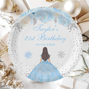 Blue Winter Brunette Hair Princess Birthday Party Paper Plates