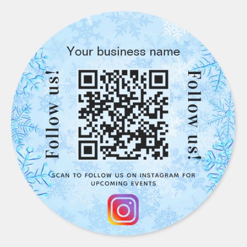 Blue winter business name qr code instagram classic round sticker