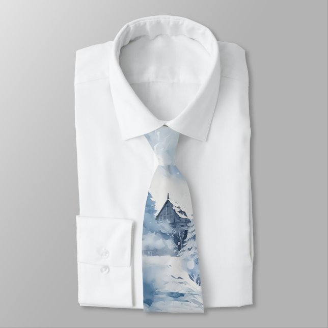Blue Winter Cabin Mountains Lake Neck Tie (Tied)