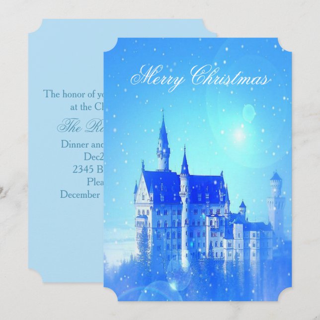 Blue Winter Castle Snowflakes Christmas Party Invitation (Front/Back)