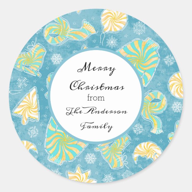 Blue Winter Christmas Monogram Classic Round Sticker (Front)