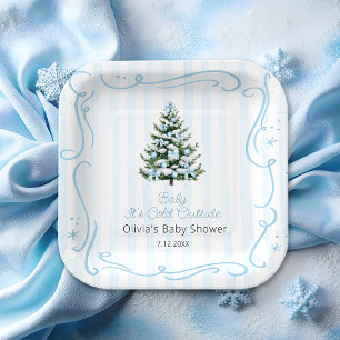 Blue Winter Christmas Tree Baby Shower Paper Plates