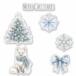 Blue Winter Christmas Tree Fox Snowflakes Bow Sticker