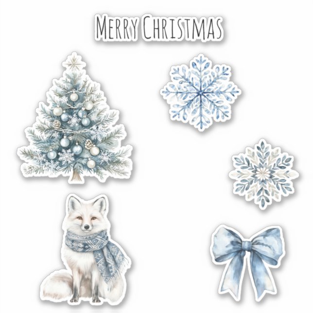 Blue Winter Christmas Tree Fox Snowflakes Bow Sticker (Front)