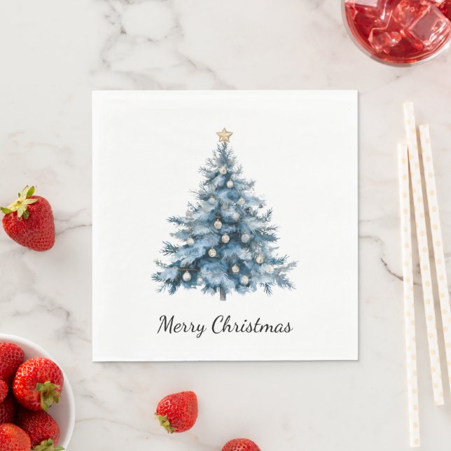 Blue Winter Christmas Tree Gold Star Napkins (Insitu)
