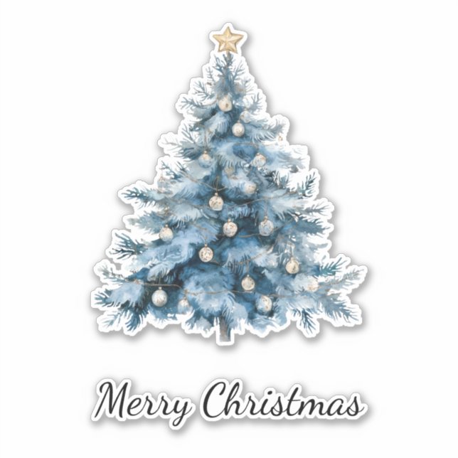 Blue Winter Christmas Tree Gold Star Sticker (Front)