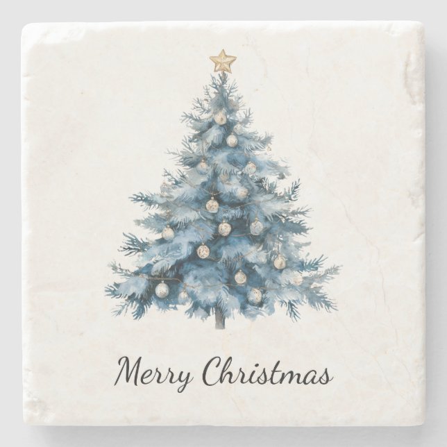 Blue Winter Christmas Tree Gold Star Stone Coaster (Front)