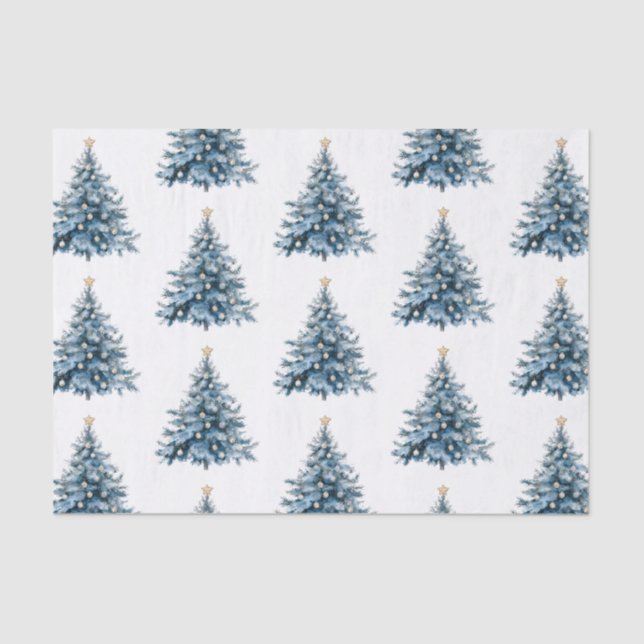 Blue Winter Christmas Tree Gold Star Tissue Paper (Front)