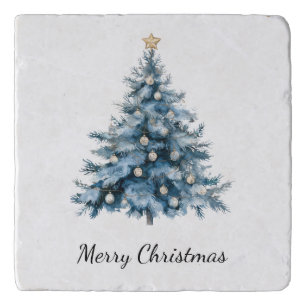 Blue Winter Christmas Tree Gold Star Trivet