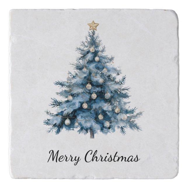 Blue Winter Christmas Tree Gold Star Trivet (Front)