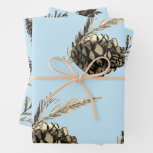 Blue Winter Christmas Tree Pine Branch Cones Wrapping Paper Sheets