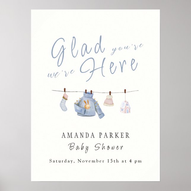 Blue Winter Clothesline Baby Shower Welcome sign (Front)