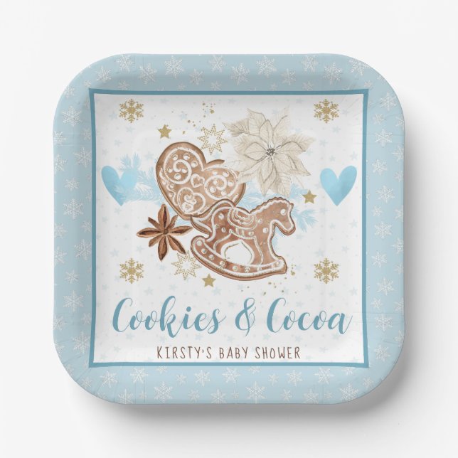 Blue Winter Cookies & Cocoa Baby Shower Paper Plates (Front)