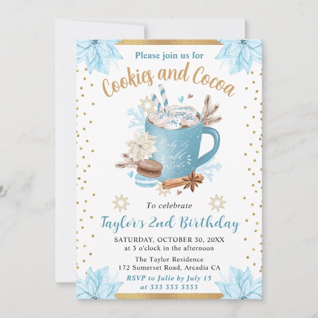 Blue Winter Cookies & Cocoa Birthday Invitation (Front)