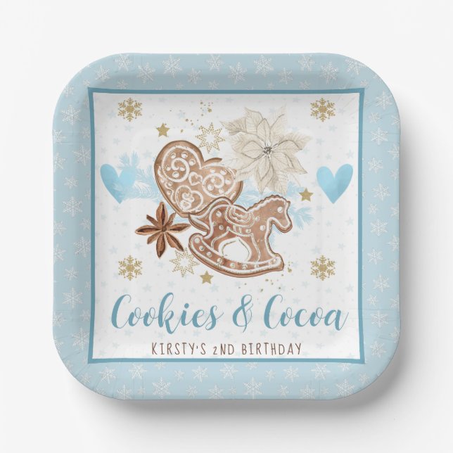 Blue Winter Cookies & Cocoa Birthday party Paper Plates (Front)