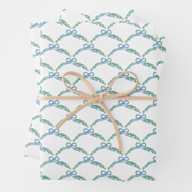 Blue Winter Coquette Coastal Bow Garland Wrapping Paper Sheets (In situ)