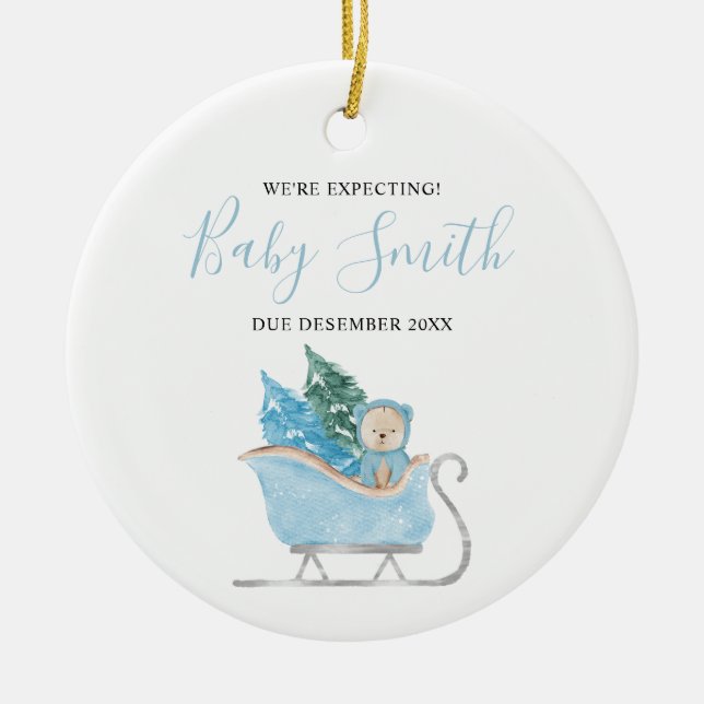 Blue Winter Cute Bear We're Expecting Parents Ceramic Ornament (Front)