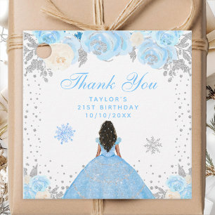 Blue Winter Dark Skin Princess Birthday Party Favor Tags