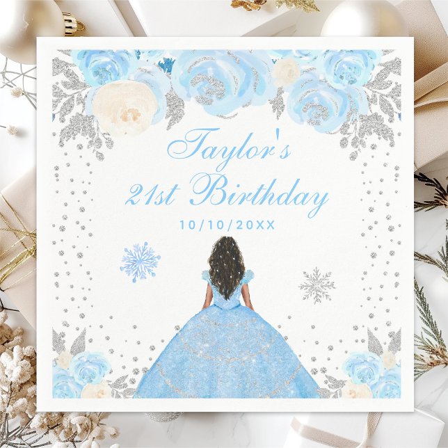 Blue Winter Dark Skin Princess Birthday Party Napkins (Creator Uploaded)