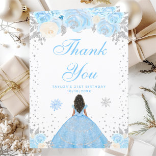 Blue Winter Dark Skin Princess Birthday Party Thank You Card
