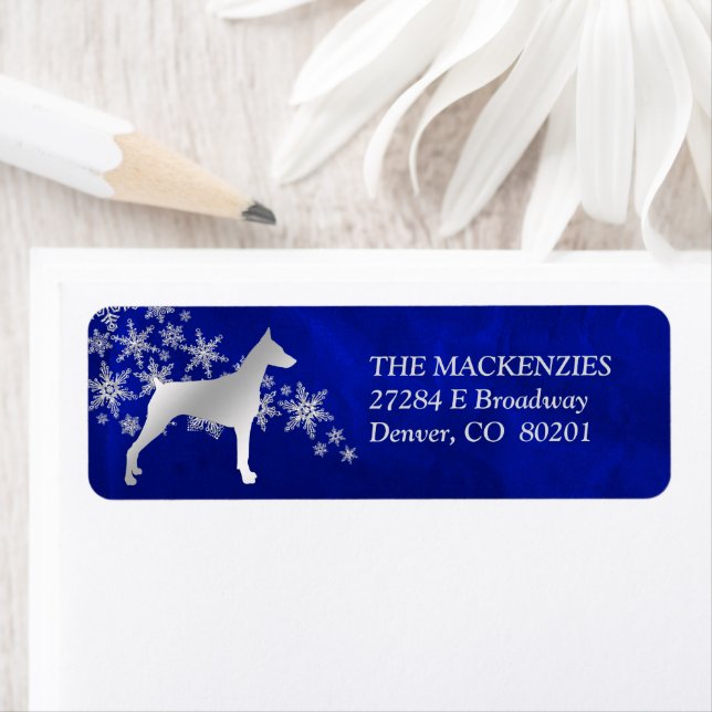Blue Winter Doberman Return Address Label (Insitu)