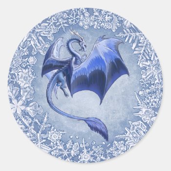 Blue Winter Dragon Fantasy Nature Art Classic Round Sticker by critterwings at Zazzle