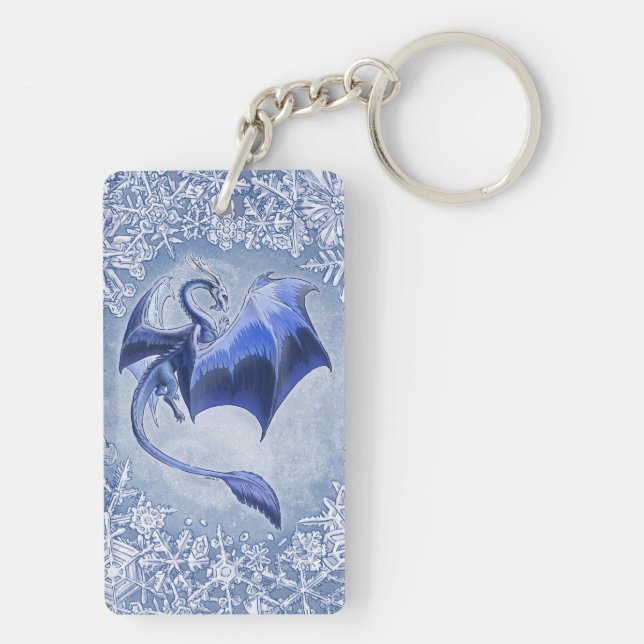 Blue Winter Dragon Fantasy Nature Art Keychain (Back)