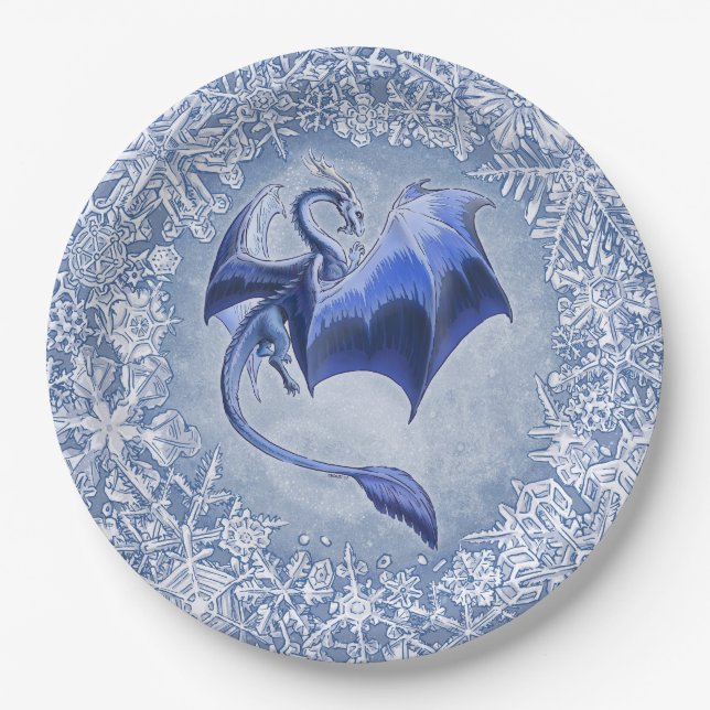 Blue Winter Dragon Fantasy Nature Art Paper Plates (Front)