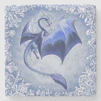 Blue Winter Dragon Fantasy Nature Art Stone Coaster by critterwings at Zazzle
